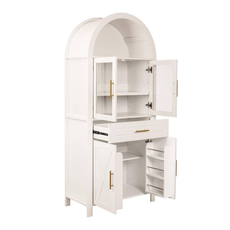 Arched Kitchen Pantry Cabinet, Storage Cabinet with Large Drawers, Display Cabinet with Glass Doors & Adjustable Shelves