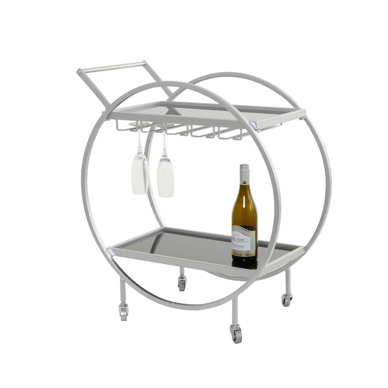 Metal Rolling 2 Mirrored Shelves Bar Cart with Wine Glass Storage and Handle - Rose Gold, Silver or Black - Roche River Decor