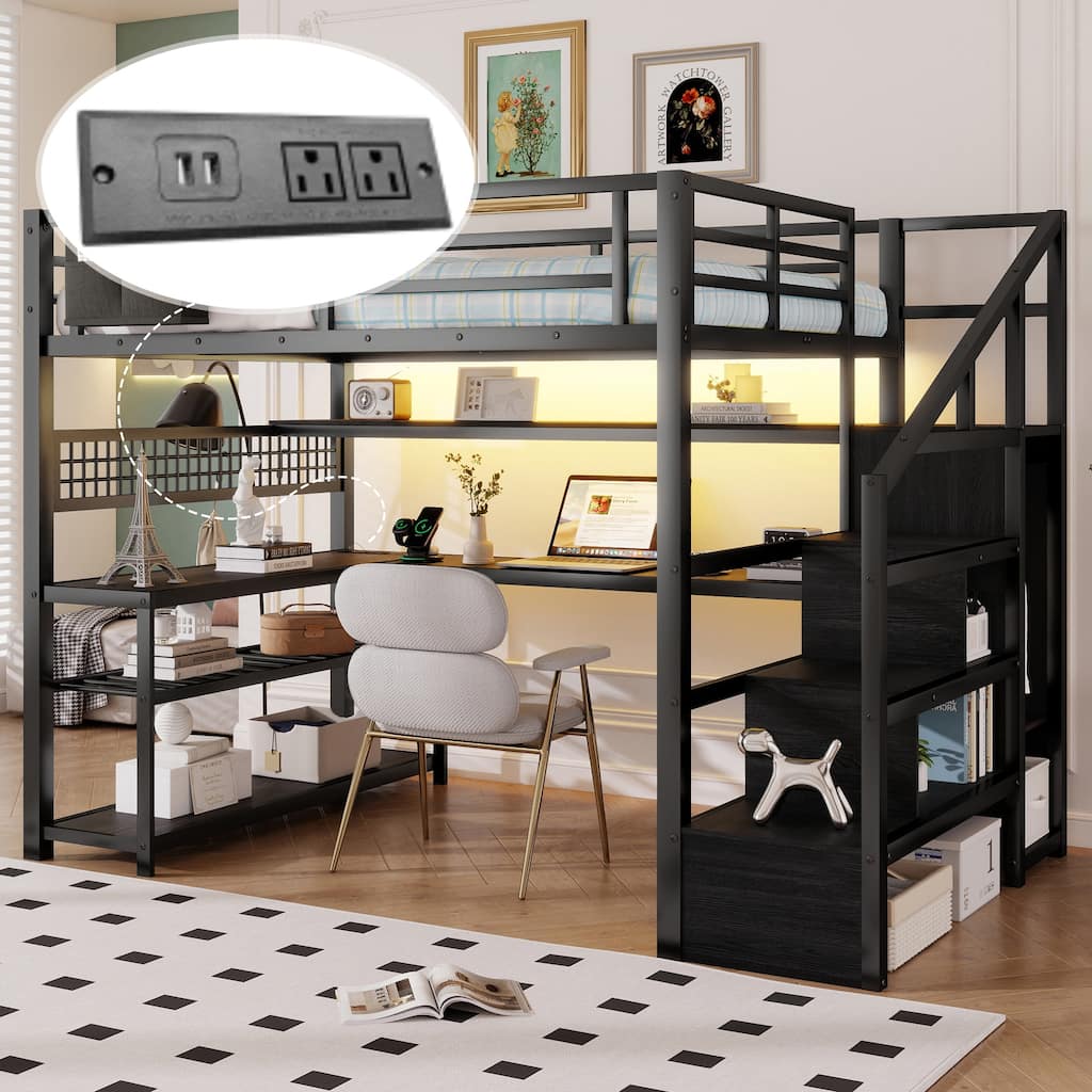 Full Size Loft Bed with Staircase and Wardrobe, Metal Loft Bed with Desk, Storage Shelves, LED Lights and Charge Station