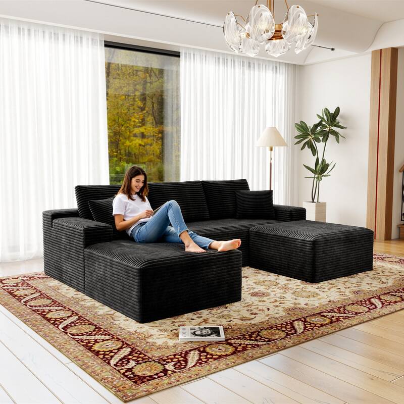 Roomfitters 104.3" Modular Sectional Sofa, 3-Piece Compressed Cloud Couch, No Assembly Required, Plush Corduroy, Black