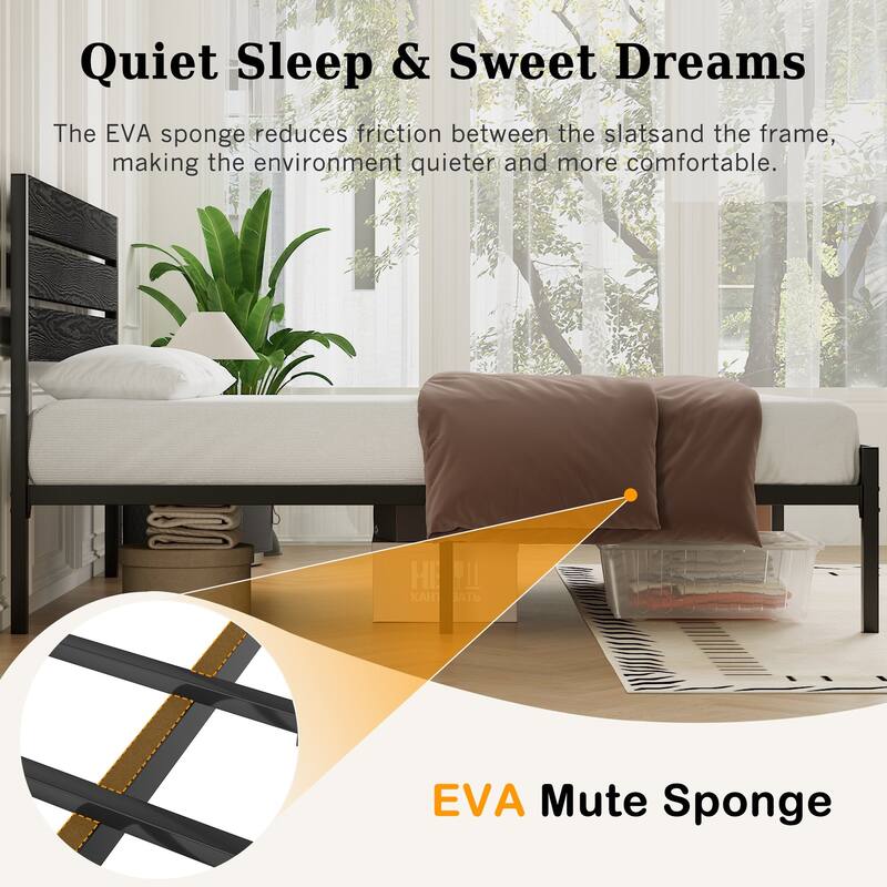 Javlergo Platform Bed Frame with Wood Headboard, Strong Metal Slats Support No Box Spring Needed