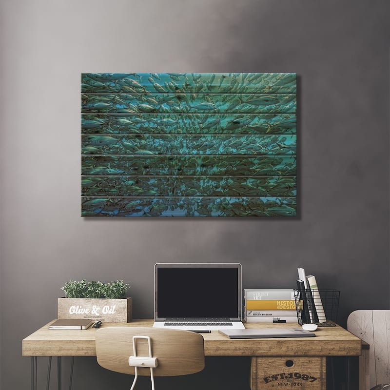 Splitted School Of Jackfish Print On Wood by Henry Jager - Multi-Color