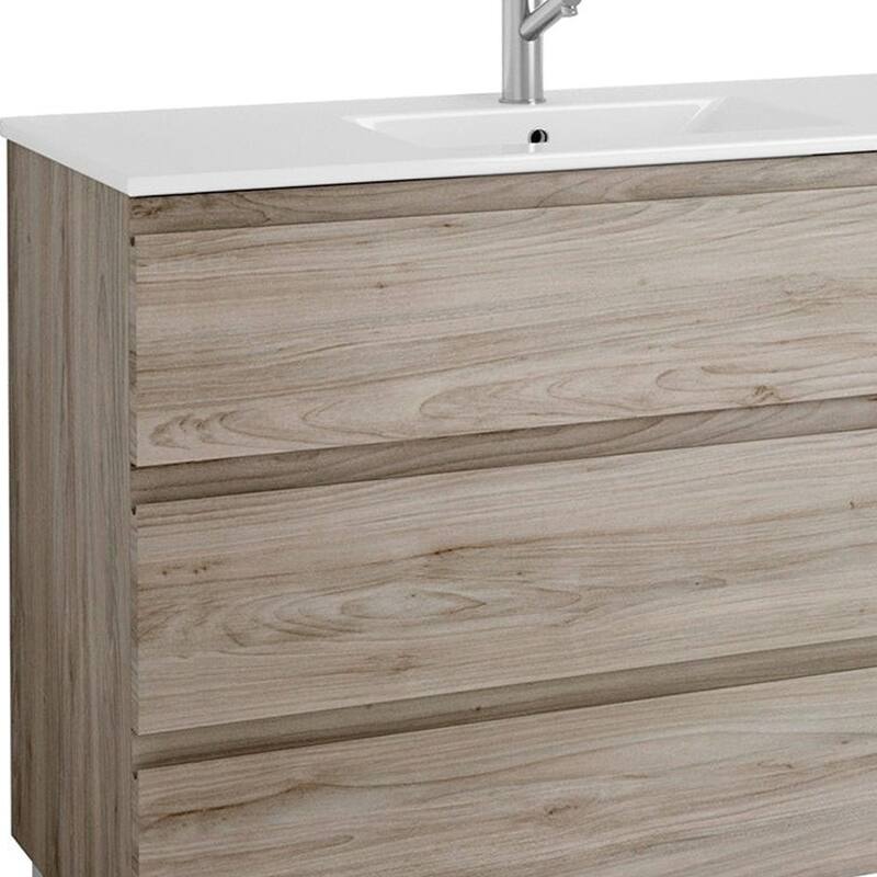 HomeRoots 48" Natural Wood Freestanding Bathroom Vanity With White Sink And Three Drawers - 48.00 in. x 39.06 in. x 18.10 in.