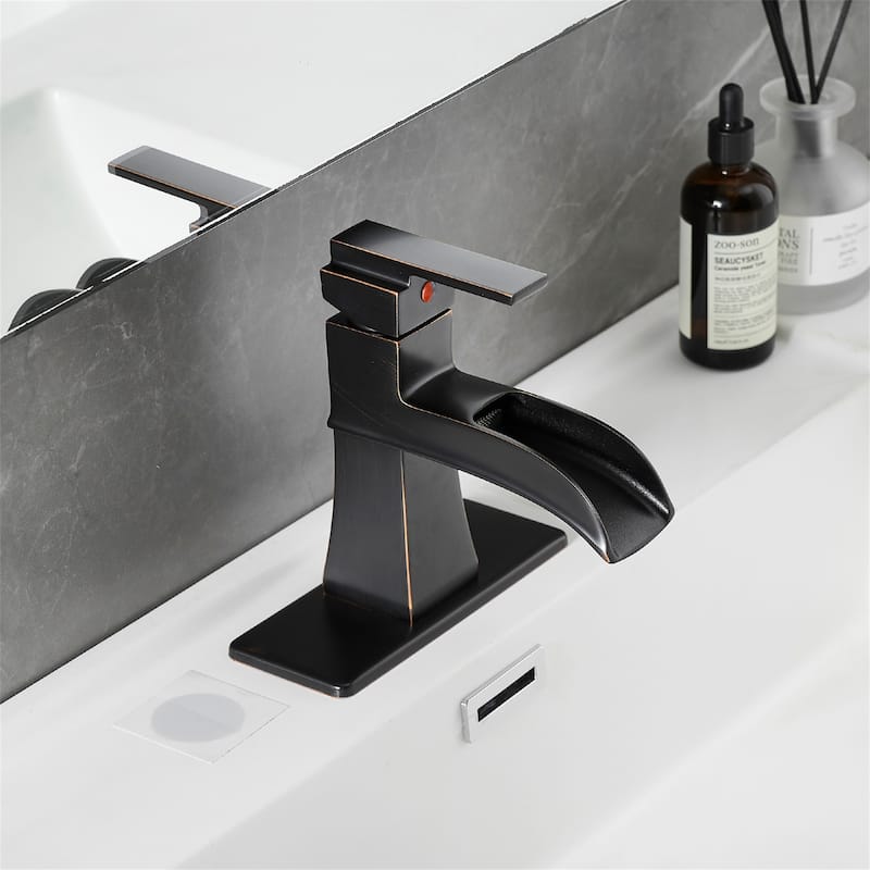 Single Hole Waterfall Bathroom Faucet with Pop-up Drain Brass 1 Handle Modern Bathroom Sink Basin Taps with Deck Plate
