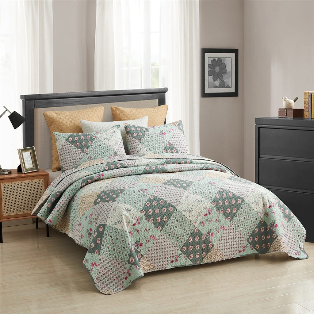 Blooming Plaid Bedspread Patchwork Quilt Set