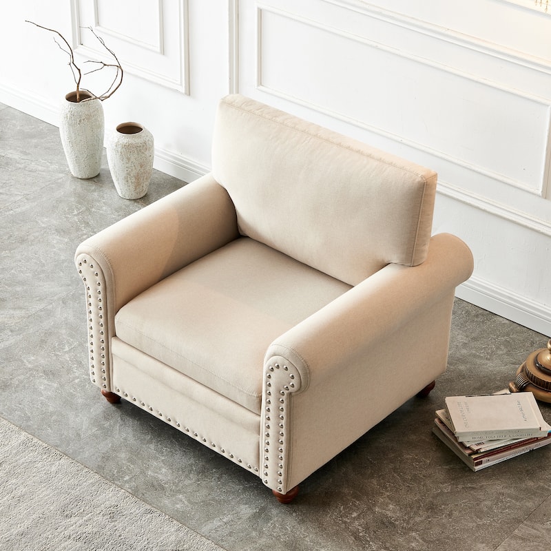 Fabric Upholstered Single Sofa, Accent Chair with Rolled Arms & Nailhead Trim, Lounge Reading Chair with Solid Wood Legs
