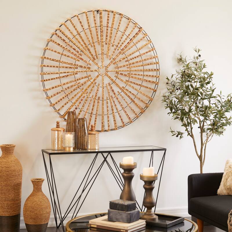 Rattan Geometric Handmade Wrapped Stick Wall Decor with Black Metal Frame - Light Brown - Roche River Decor