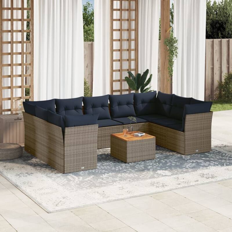 vidaXL Patio Sofa Set with Cushions Outdoor Furniture 10 Piece Poly Rattan - 24.4x 24.4x 27.2 - Grey-form 1