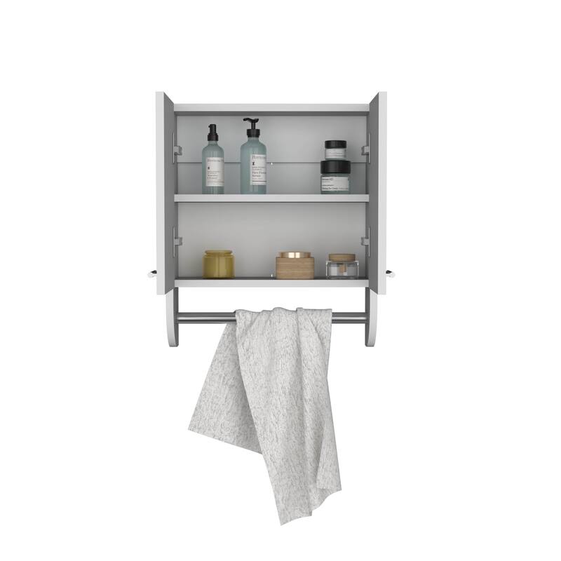 Medicine Cabinet with Two Interior Shelves and Integrated Towel Holder for Bathroom, Kitchen, or Mudroom