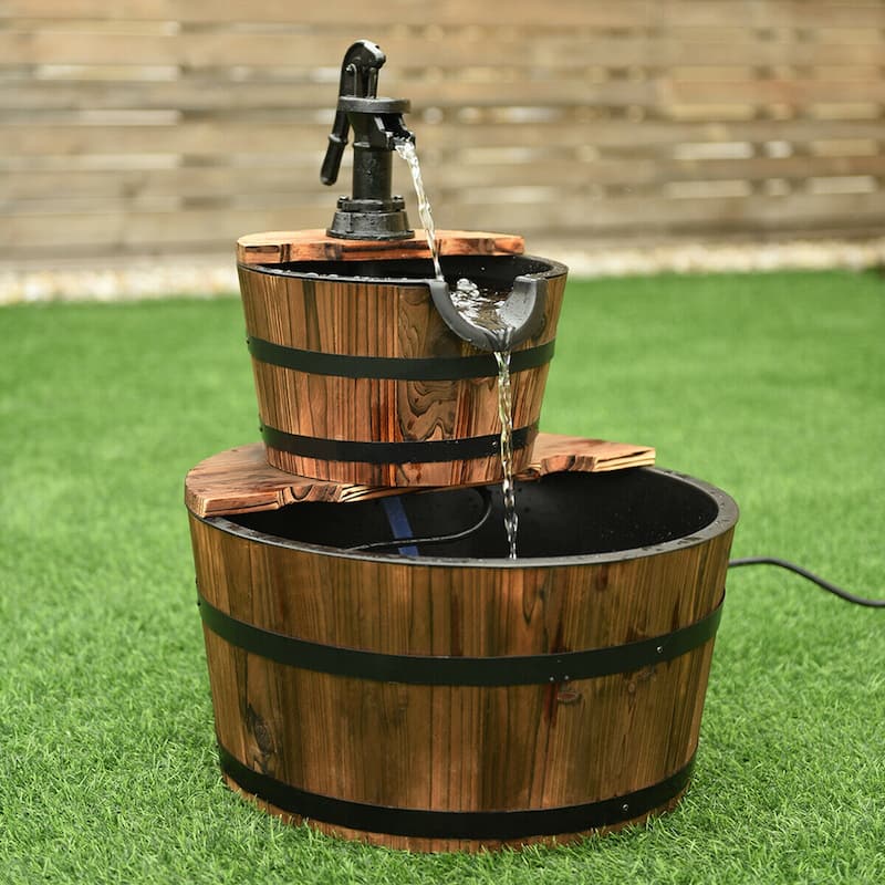Costway 2 Tier Barrel Waterfall Fountain Barrel Wooden Water Fountain