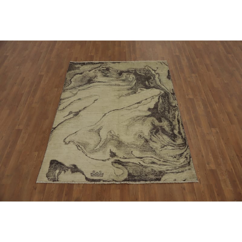 Hand Knotted Oriental 100% Wool Carpet Modern Abstract Beige & Ivories Modern Area Rug - 6' 4'' X 4' 9''