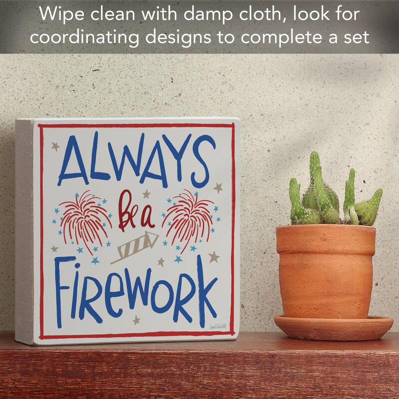 Firework Artistic Freestanding Solid Wood Block Sign Made in the USA 3.75” Square Decorative Accent for Home or Office - Multi