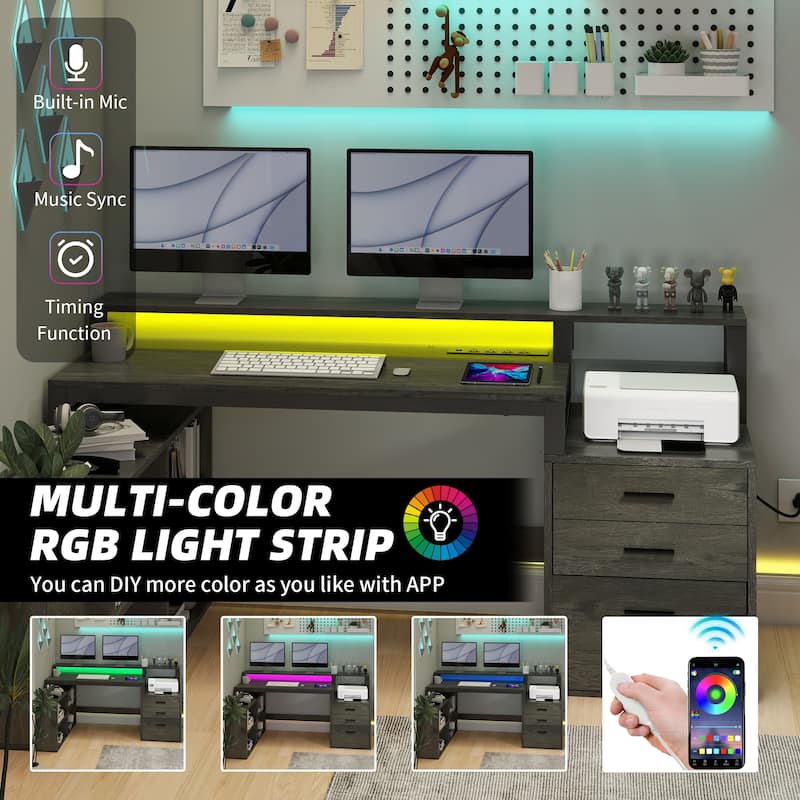 Moasis 65" Computer Desk with Filing Cabinet and Storage Shelves, LED Lighting Corner Home Office Desk