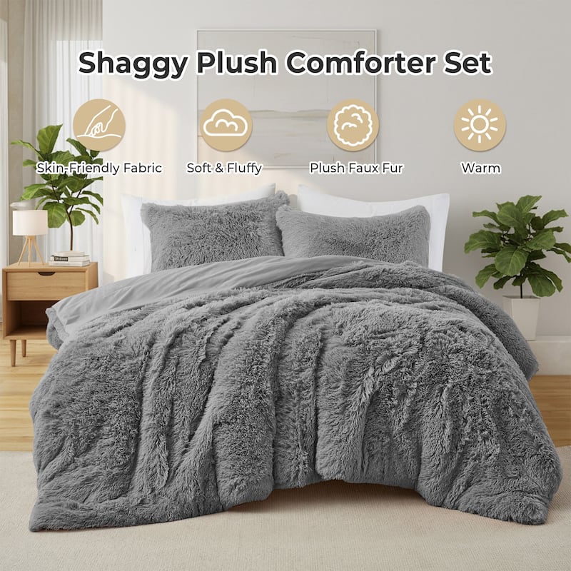 Fluffy Shaggy Reversible Faux Fur Comforter Set, Fuzzy Plush Bedding Set - Gray - Queen