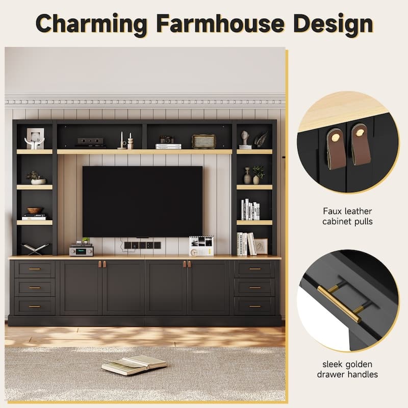 102.3" Farmhouse 4-Piece Entertainment Center Wall Unit with Adjustable Shelves,6 Drawers