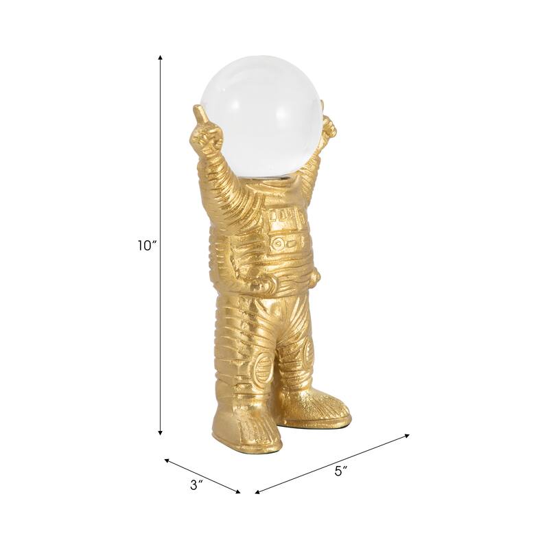 Decorative Metal Astronaut Figurine - Glass Orb Head - 9", Gold - 9.0"