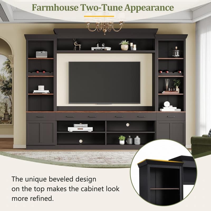 108.2"W Farmhouse 4-Piece Entertainment Wall Unit Set with Bookshelf for TVs Up to 70"
