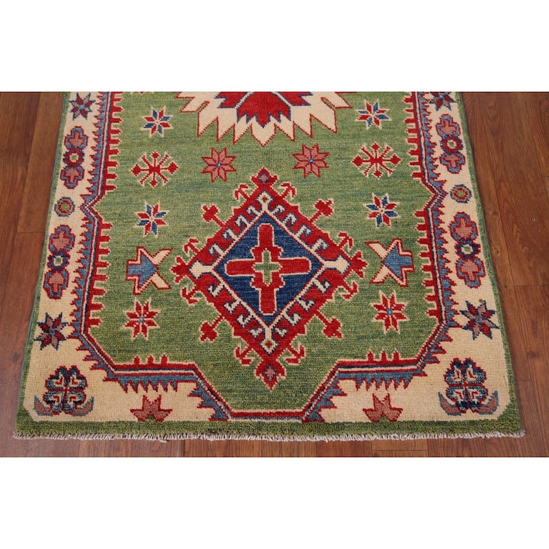 Green Oriental Geometric Kazak Foyer Rug Hand-Knotted Wool Carpet - 2'7" x 4'5"
