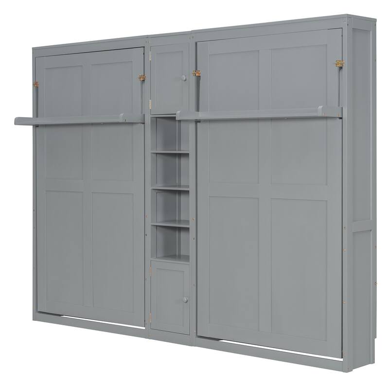 Dual Twin Wall Murphy Beds with Storage - Space-Saving Cabinet & Shelves, Fold Down Bed