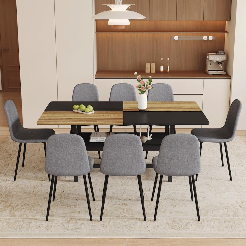 9-Piece Spliced Dining Table with Storage Compartment, Scratch-Resistant MDF Top, Linen-Cotton Chairs, Anti-Slip Feet