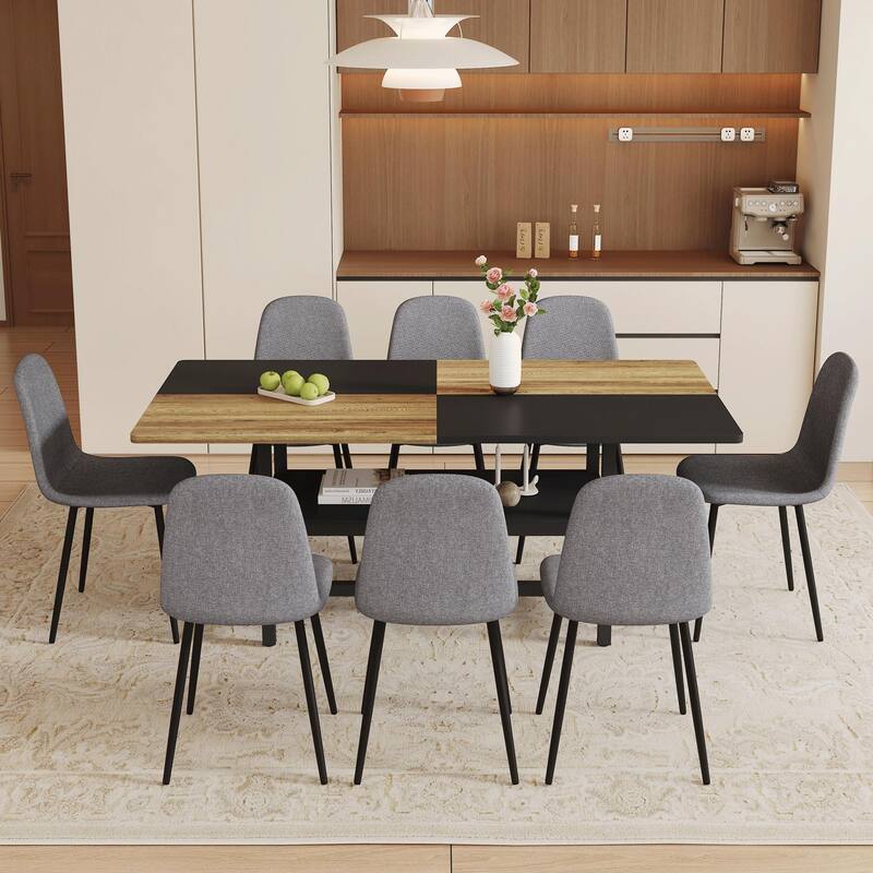 Roomfitters 7/9pcs Wood and Black Spliced Dining Table Set with Storage Base and Linen Fabric Chairs, Dark Gray