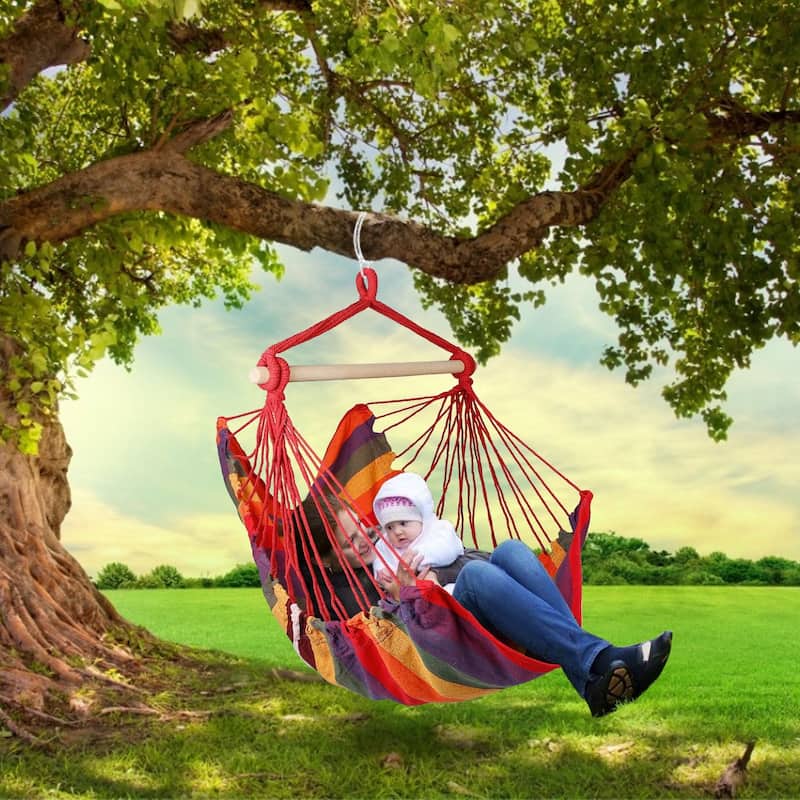 Cotton Canvas Swing Seat Hanging Hammock Chair with Pillows and Wooden Bar for Indoor or Outdoor - 39” x 51”