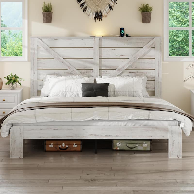 Wood Platform Bed with Rustic Headboard Black Metal Frame Support, Solid Wood Slats No Box Spring Needed Large Under-Bed Storage