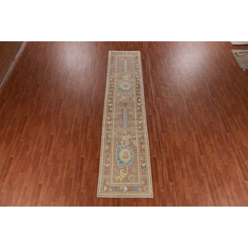 Hand Knotted Oriental 100% Wool Carpet Transitional Geometric Brown Oushak Runner Rug - 13' 6'' X 3' 0''