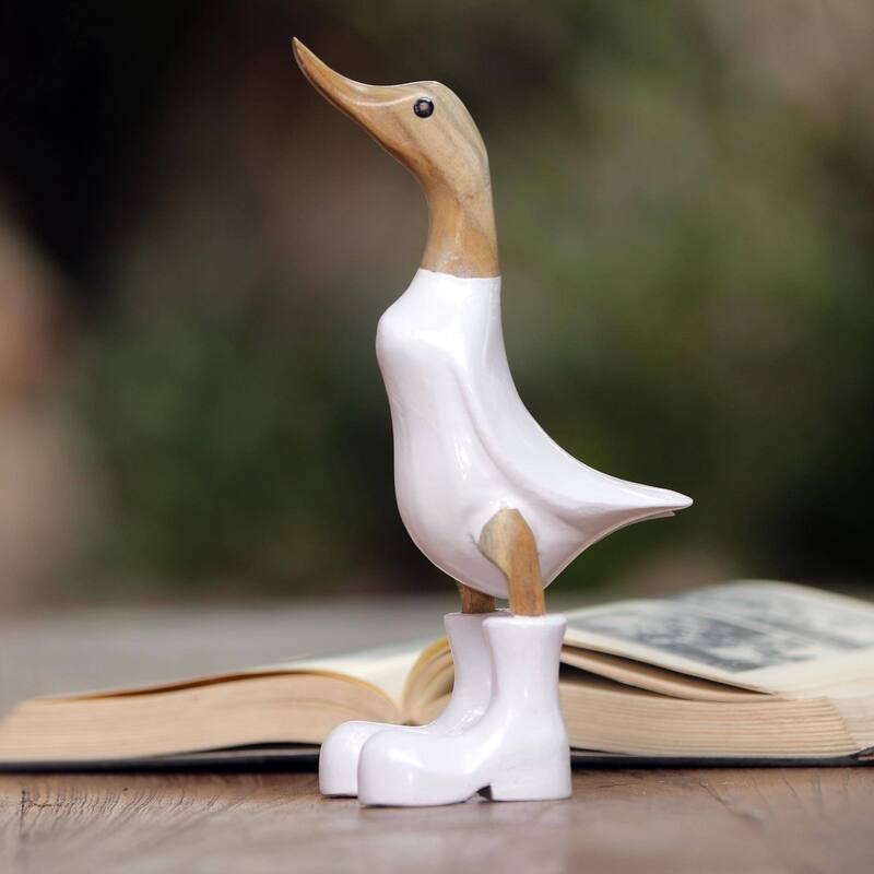NOVICA Rain Boot Duck in White, Wood and bamboo root sculpture - 9.75" H x 3.5" W