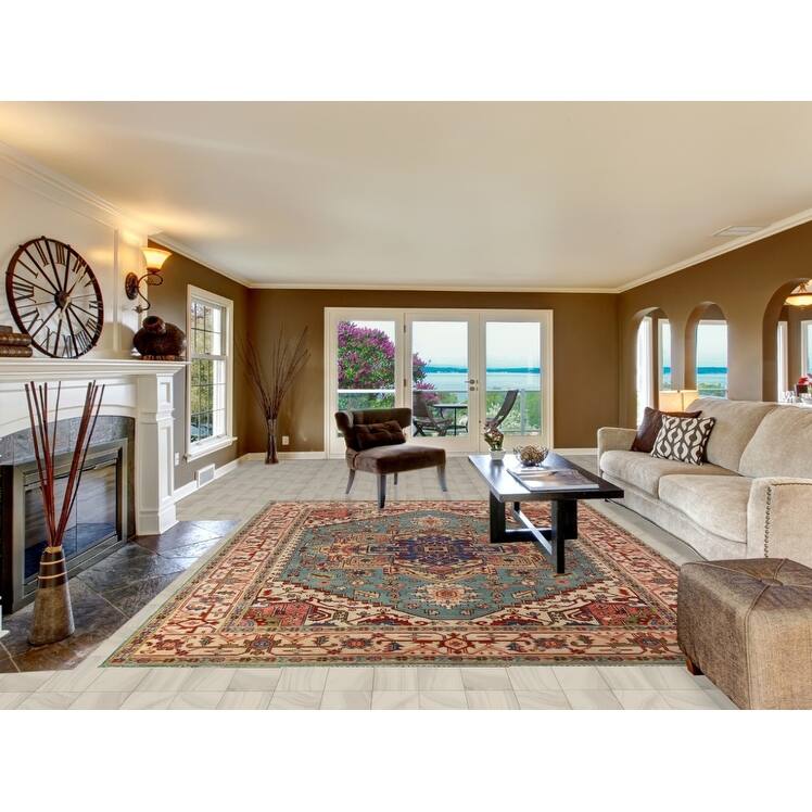 Light Blue Geometric Heriz Serapi Indian Area Rug Handmade Wool Carpet - 8'10"x 11'10"