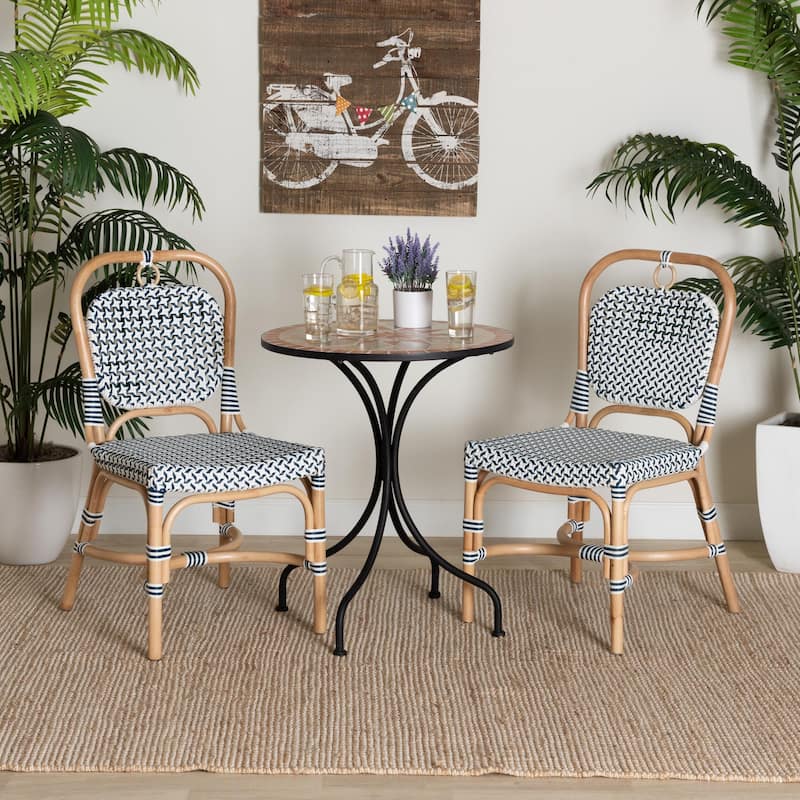 Luciana Modern French Blue and White Weaving Natural Rattan Bistro Chair