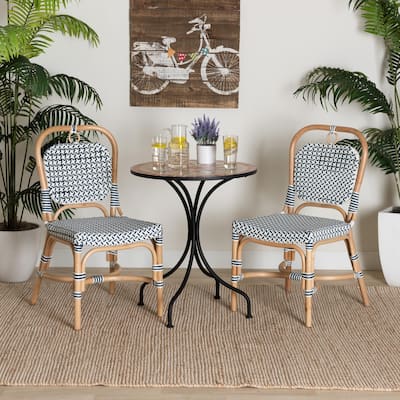 Luciana Modern French Blue and White Weaving Natural Rattan Bistro Chair