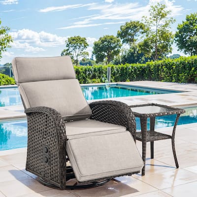 Pocassy Outdoor Brown Wicker Chaise Lounge Chair with Side Table Beige Cushion