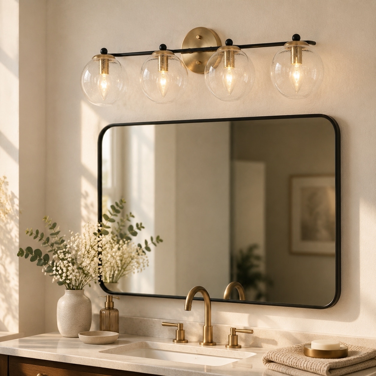 Modern 4-Light Black Gold Bathroom Vanity Lights with Globe Seeded Glass Shades