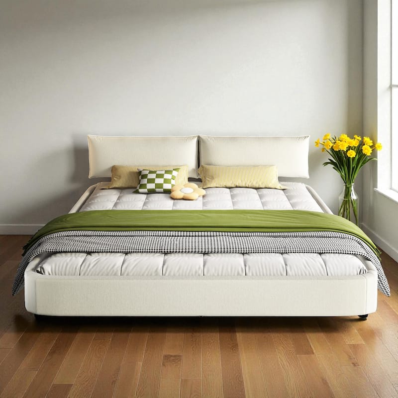 King Size Cloud Bed Frame with Oversized Movable Headboard, Chenille Upholstered Platform Bed with Metal & Wood Support - Beige White - King