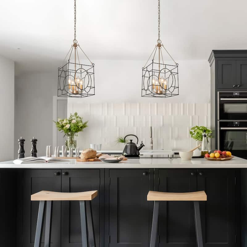 Alestair Modern Geometric Cage Chandelier Black and Gold Candle Pendant Ceiling Lights - Black and Gold - D11" x H24.5"