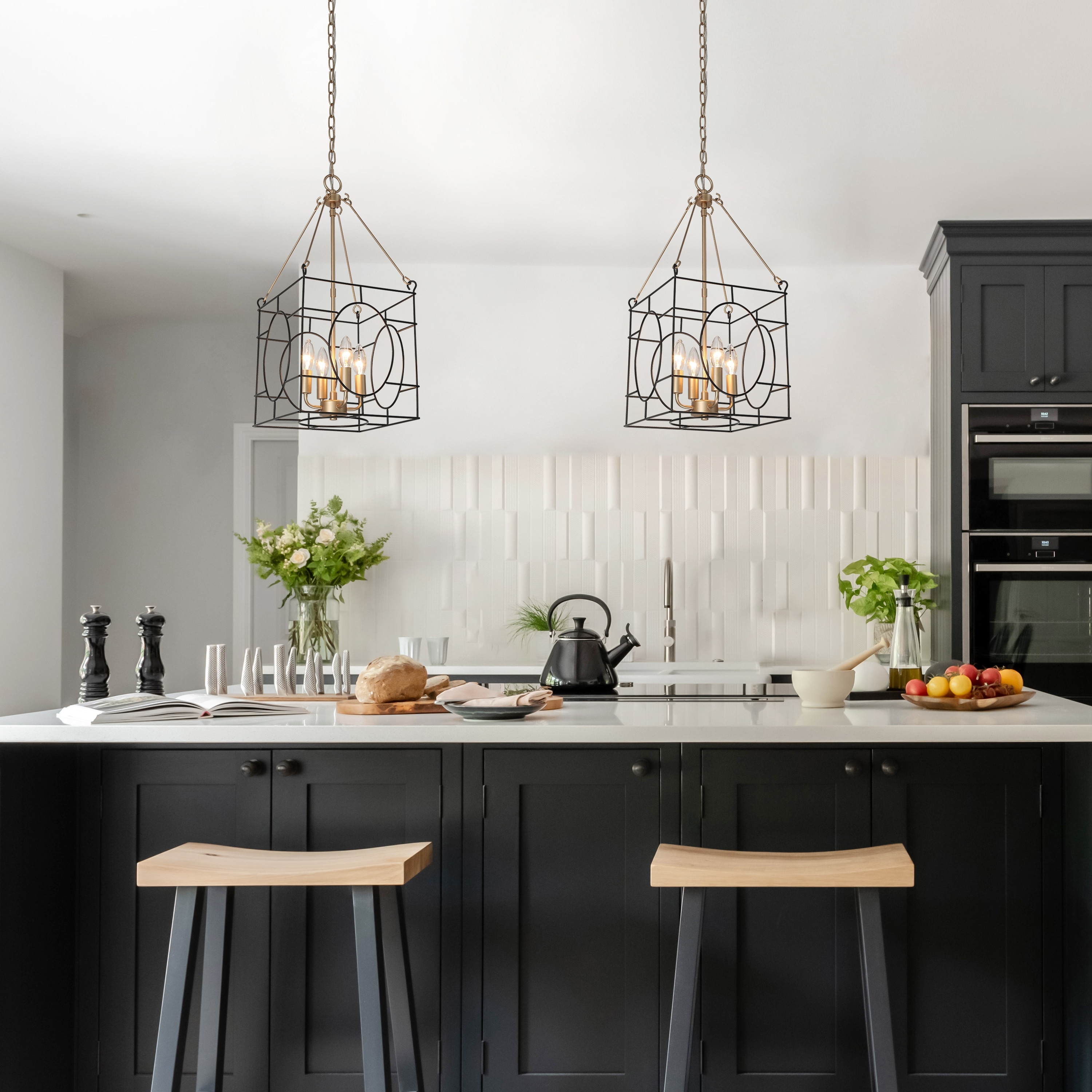 Alestair Modern Geometric Cage Chandelier Black and Gold Candle Pendant Ceiling Lights - Black and Gold - D11" x H24.5"