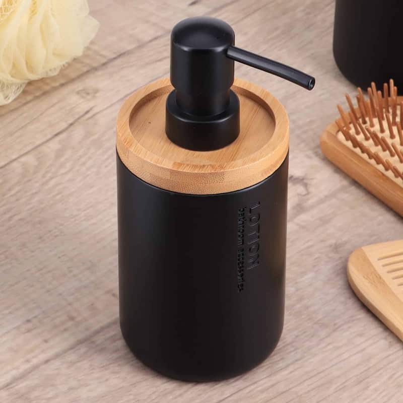 Elegant Soap Dispenser - Polyresin and Bamboo Design, Refillable Liquid Pump - 3 L x 3 W X 7 h - Black