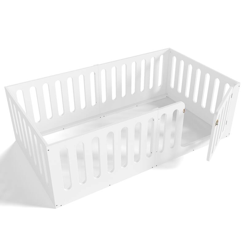 Toddlers Montessori Floor Bed with High Fence, Door, Low Profile Platform Bed Frame for Kids with No Box Spring Needed, No Slats