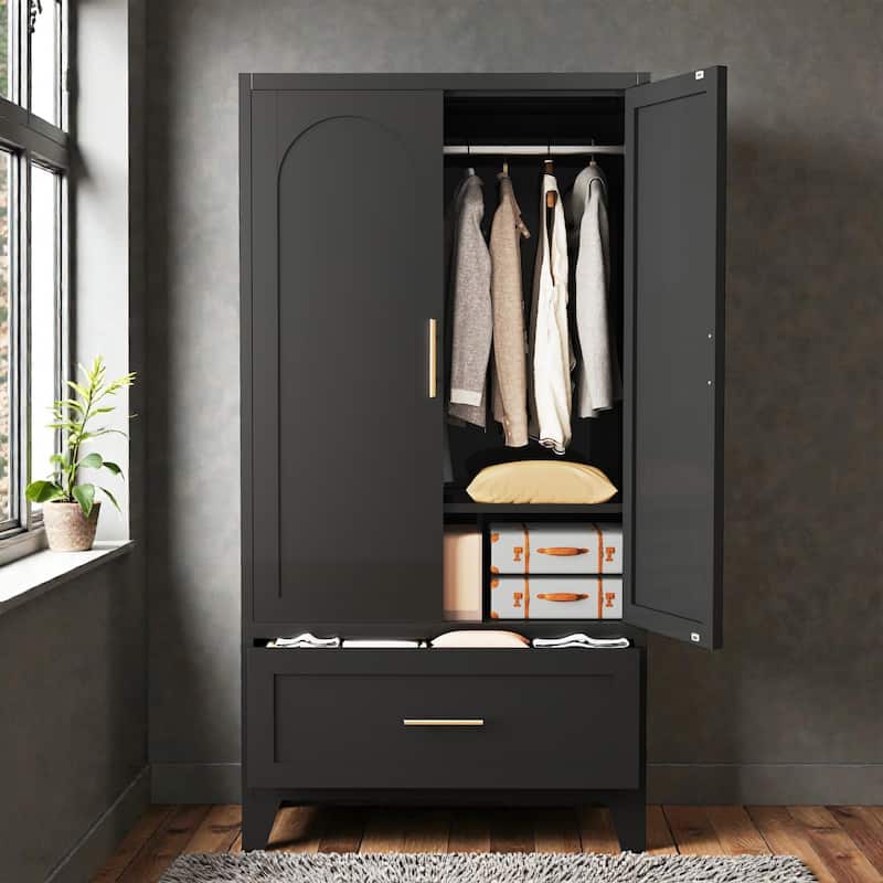 60 Inch Metal Wardrobe Cabinet with Drawer and Hanging Rod, 2 Door Steel Closet Storage with Shelf for Bedroom