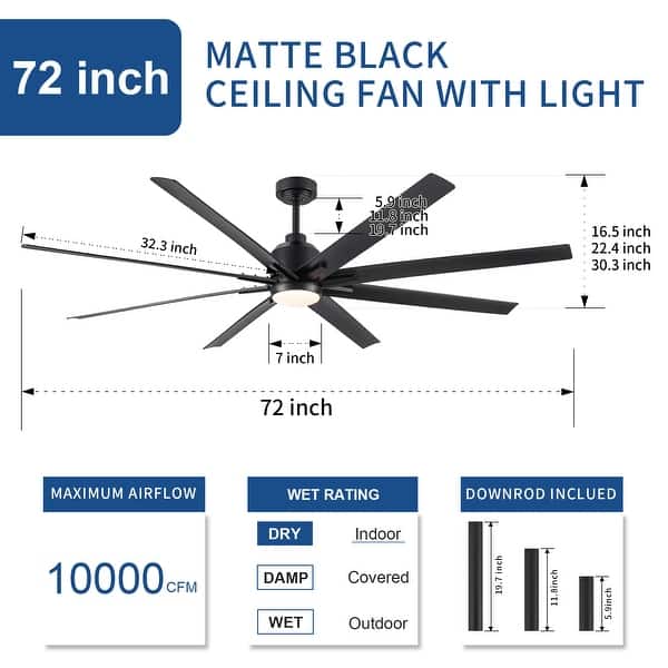 dimension image slide 0 of 2, YUHAO 84 In. Indoor/Outdoor Modern Industrial Large Windmill Aluminum Blade Ceiling Fans With Lights, Quiet DC Motor and Remote