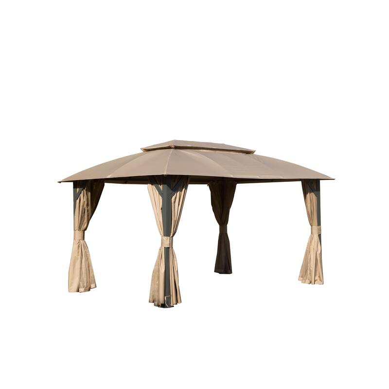 10x14FT Outdoor Gazebo with Double Roof, Privacy Curtains & Mosquito Netting, Heavy Duty Metal Frame Canopy for Patio, Backyard - Brown