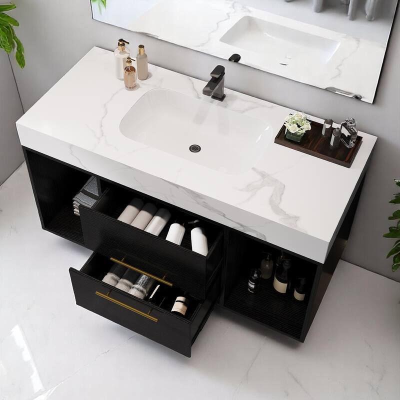 Modern 39.4 Inch Floating Bathroom Vanity with Ceramic Sink, Solid Wood Cabinet & Gold Metal Handles