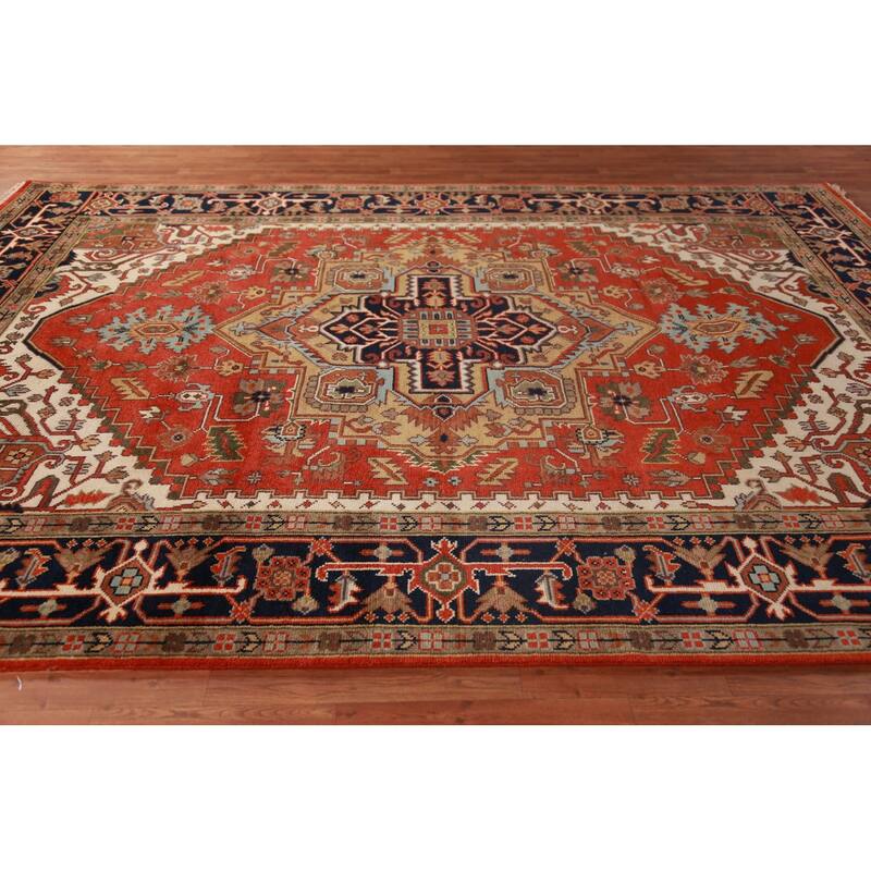 Geometric Heriz Serapi Indian Rug Hand-Knotted Oriental Wool Carpet - 8'11" x 11'11"