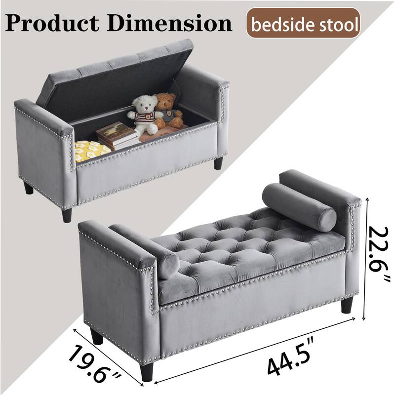 Storage Bench For Bedroom/Living Room,44.5-Inch Velvet Button Bench with Armrests