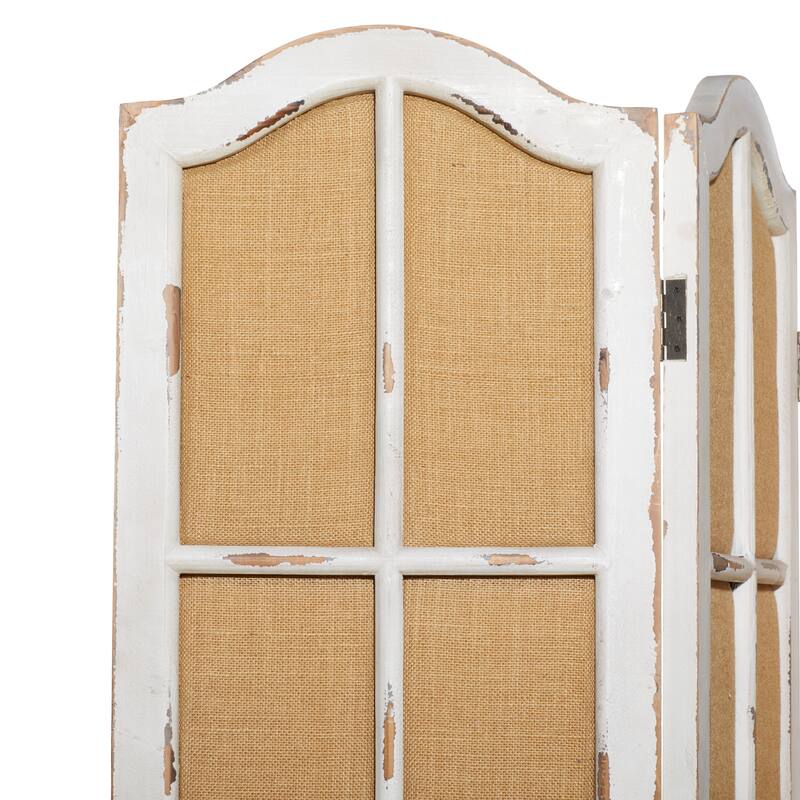 Wood Hinged Foldable Partition 3 Panel Room Divider Screen with Burlap Window Pane Design - Beige - Roche River Decor