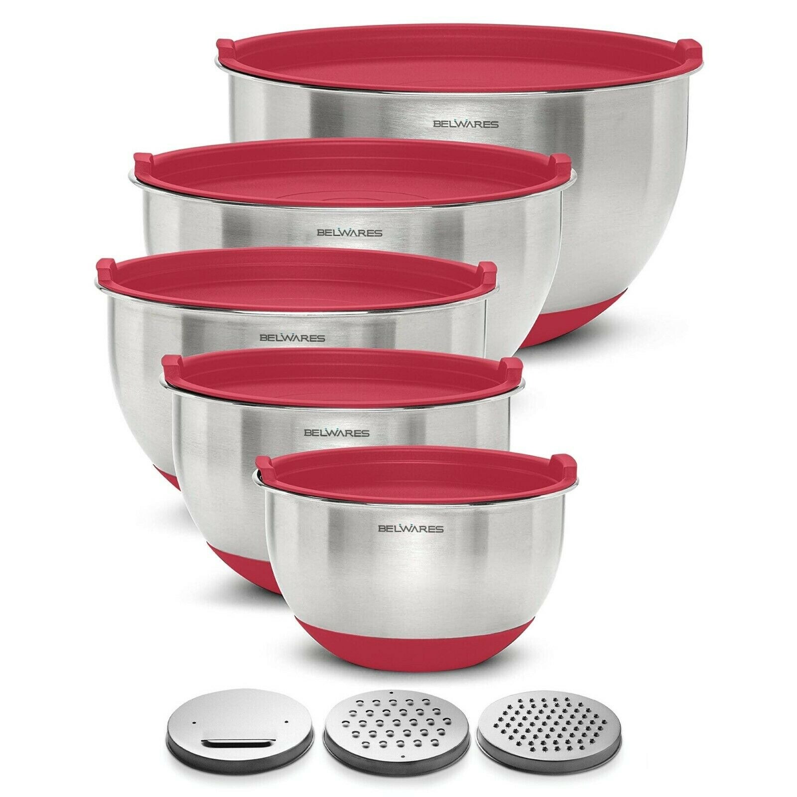 Belwares Mixing Bowls with Lids Set - Nesting Bowls with Graters, Handle,  Pour Spout, Airtight Lids - Stainless Steel Non-Slip Mixing Bowl for