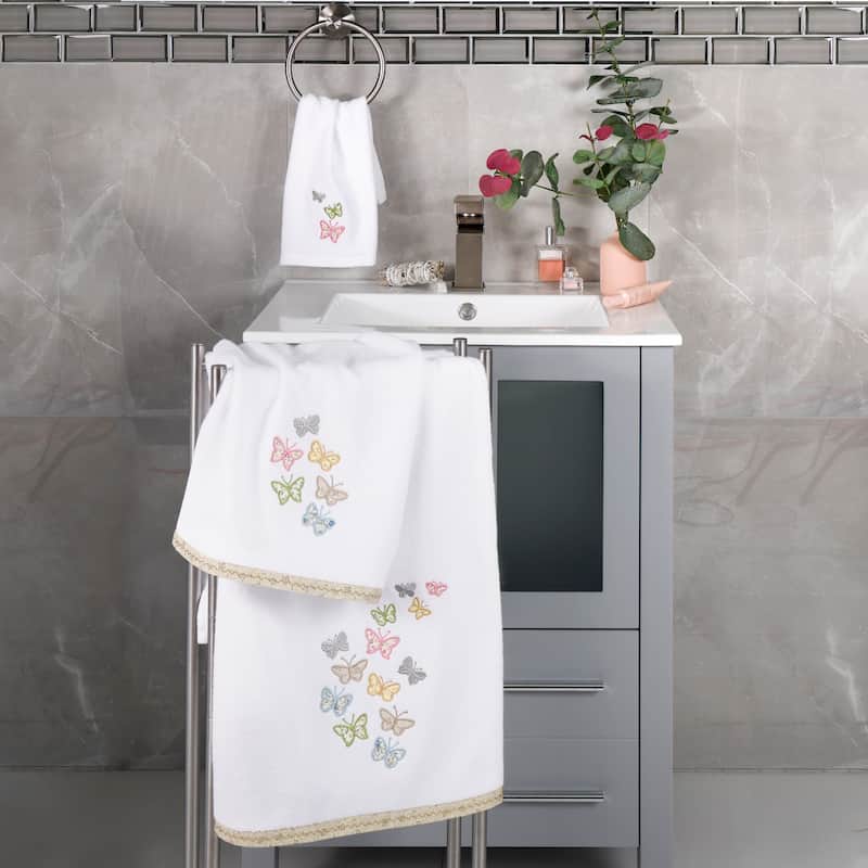 Authentic Hotel and Spa 100% Turkish Cotton Mariposa 2PC Embellished Fingertip Towel Set