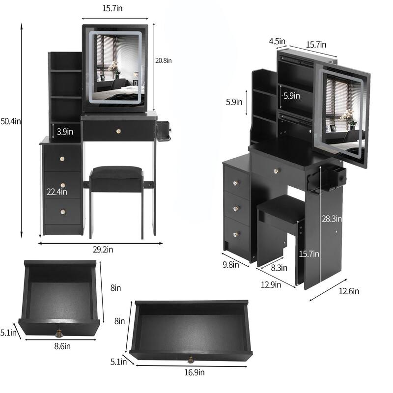 Compact Makeup Vanity with Power Outlets, Type-C Charging, Touch Mirror & Stool, 29.2" Dresser for Small Space