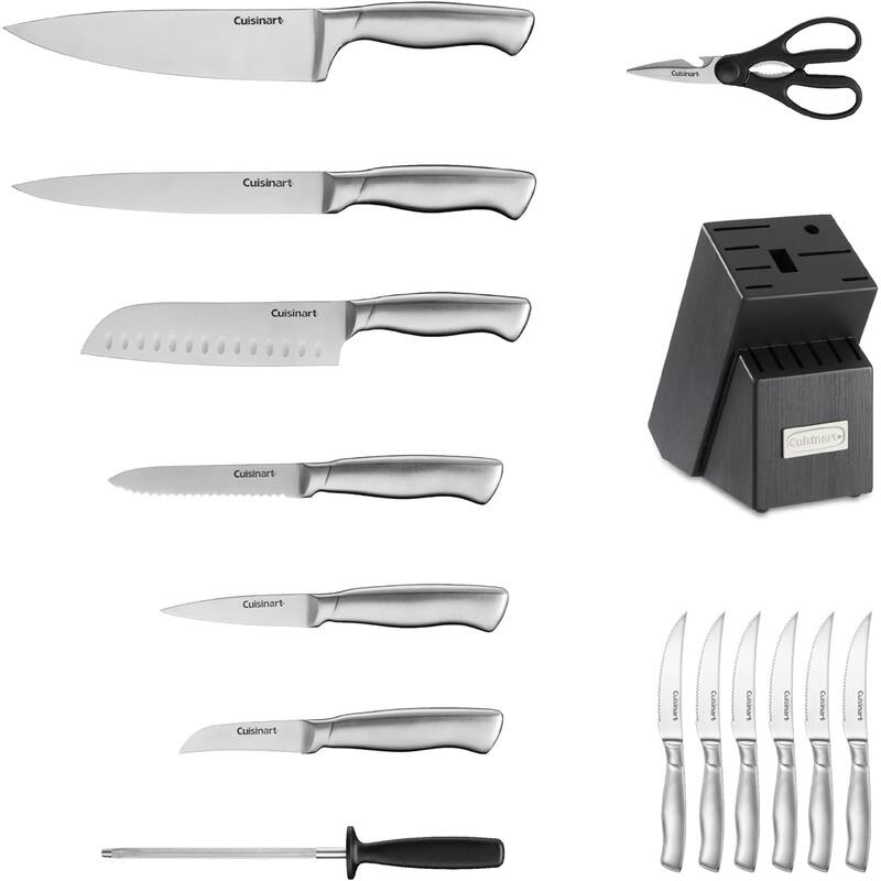 Cuisinart Professional Block Knife Set, 15pc Cutlery Knife Set , Stainless Steel, Durable & Dishwasher Safe Gray